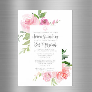 Convite Magnético Elegante Festa de Bat Mitzvah Floral Rosa em Aquar