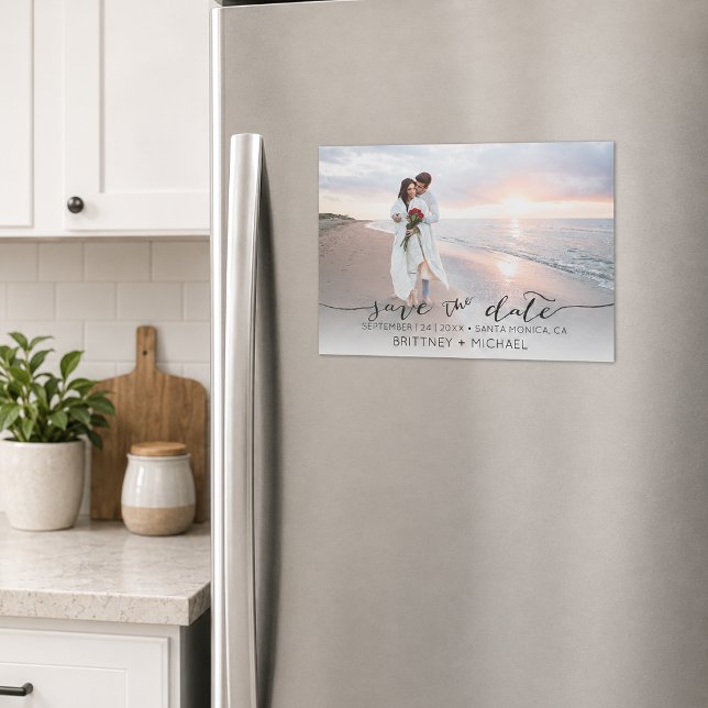 Convite Magnético Elegante Foto Save the Date (Elegant save the date magnet featuring romantic handwritten script typography)