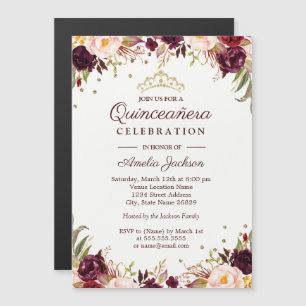 Convite Magnético Elegante Quinceanera Floral Dourada Borgonha