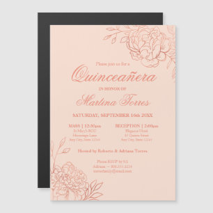 Convite Magnético Elegante Rosa Dourado Flores Rosa Floral Quinceane