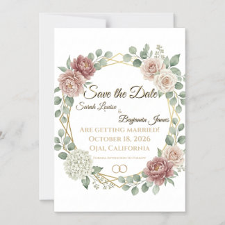Convite Magnético Elegante Rosa Empoeirado Floral Geométrico Aquarel
