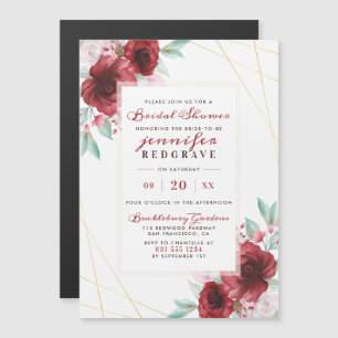 Convite Magnético Elegantes Flores Glam Vermelhas Banquete de Chá de
