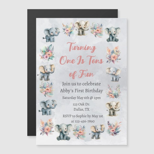 Convite Magnético Elephants & Boho Jungle Flowers no Aniversário da  (Frente/Verso)