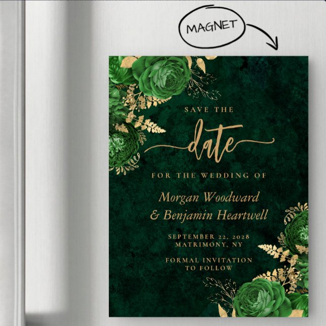 Convite Magnético Emerald Green Gold Floral Wedding Save the Date (Criador carregado)