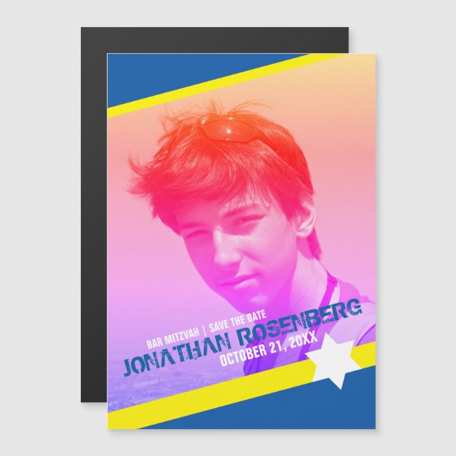 Convite Magnético Estrela Moderna do Bar David Mitzvah Salvar a Data (Frente/Verso)