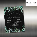 Convite Magnético Eucalipto preto de aniversário, verde-arborização<br><div class="desc">Um convite de tendência para um tema de 40ª (ou qualquer idade) festa de aniversário,  encantado da floresta. Um fundo preto com samambaias e eucalipto verde. O nome é escrito com um moderno estilo escrito à mão. Personalize e adicione os detalhes da sua festa.</div>