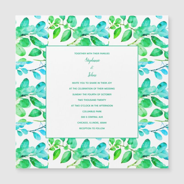 Convite Magnético Eucalyptus Leaf Art Green Teal Dusty Casamento Azu (Frente)