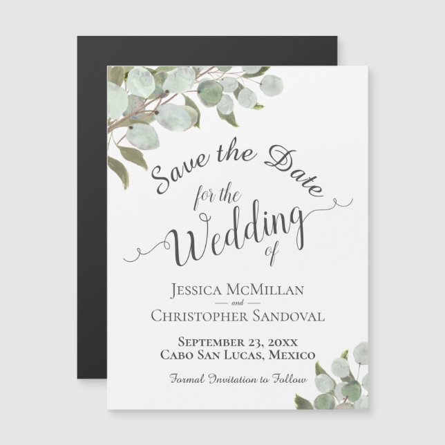 Convite Magnético Eucalyptus Wedding Save the Date Calliografia Whit (Frente/Verso)