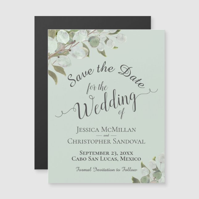 Convite Magnético Eucalyptus Wedding Save the Date Calliographic Min (Frente/Verso)