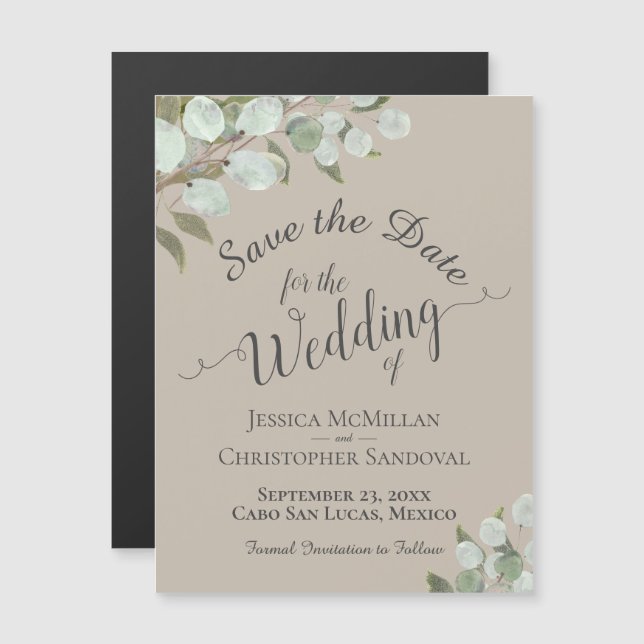 Convite Magnético Eucalyptus Weding Date Calliographic Taupe (Frente/Verso)