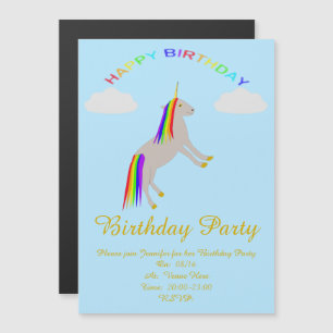 Convite Magnético Fantasy Birthday Unicorn Rainbow and Clouds Custom