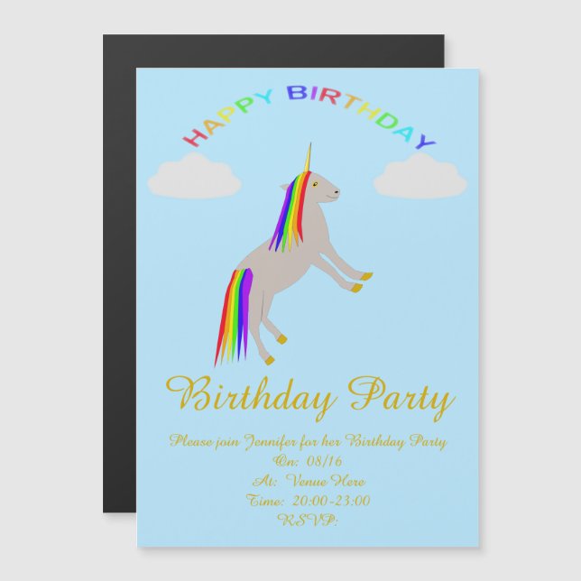 Convite Magnético Fantasy Birthday Unicorn Rainbow and Clouds Custom (Frente/Verso)