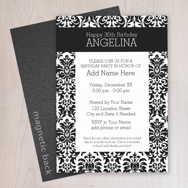 Convite Magnético Feliz aniversário com Trendy Black e White Damask (Black lace birthday party invitation - magnetic back)