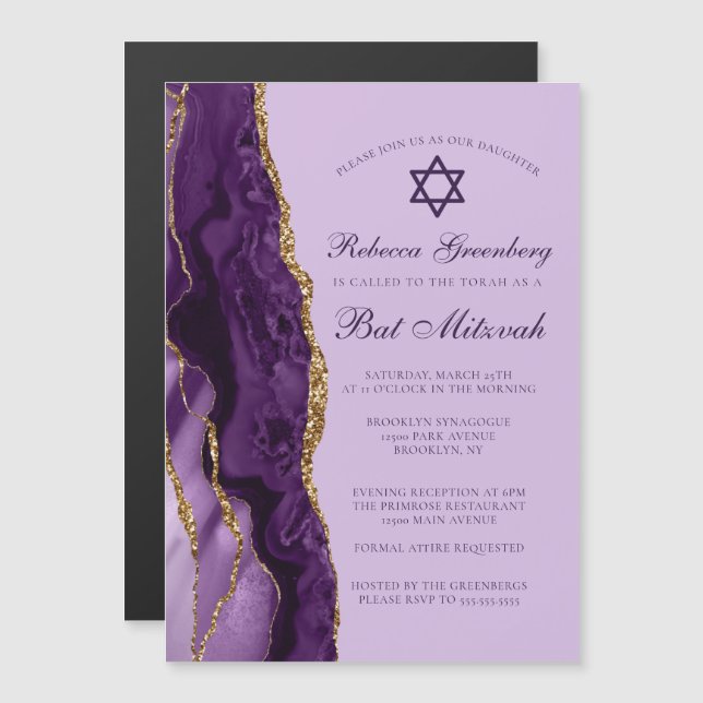 Convite Magnético Festa Bat Mitzvah com Purpurina Dourada (Frente/Verso)