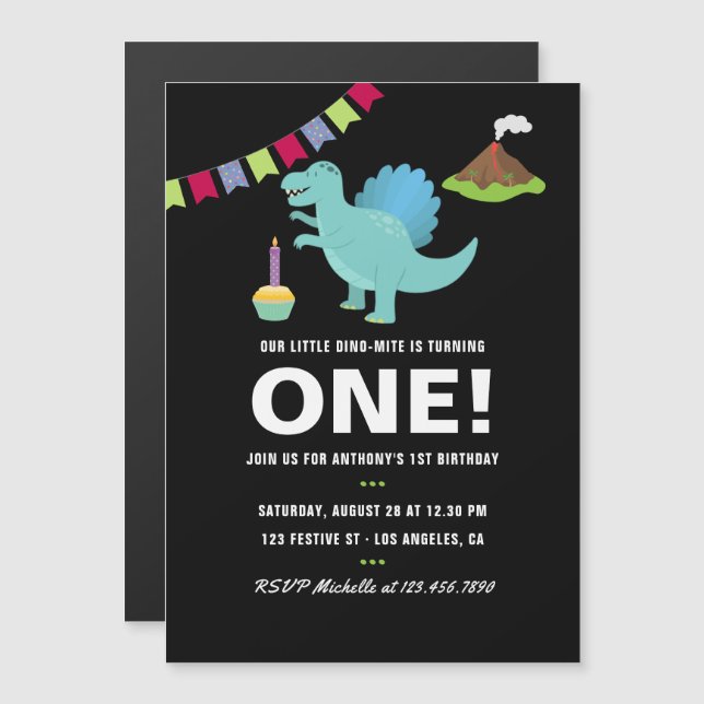 Convite Magnético Festa de 1º aniversário com tema de dinossauro pre (Frente/Verso)