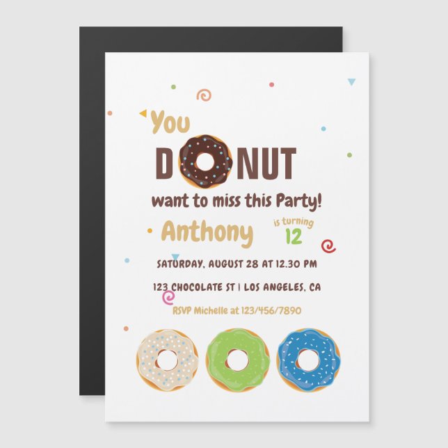 Convite Magnético Festa de Aniversário com Donut (Frente/Verso)