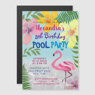 Convite Magnético Festa de Aniversário com Flamengos Rosa na Piscina