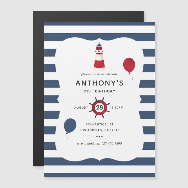 Convite Magnético Festa de Aniversário com tema Náutico (Frente/Verso)