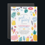 Convite Magnético Festa de aniversário da Piscina<br><div class="desc">Guarde seus cartões com estes convites magnéticos! Um convite de festas de piscina divertido com elementos de verão: um float flamingo, sorvetes, limonada, cocos, folhas tropicais, sombras, rosquinhas, flores, limões, chinelos, picolés, abacaxis, melancia, e muito mais! Os detalhes do seu partido aparecem no centro na tipografia moderna da escrita. Clique...</div>
