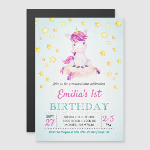 Convite Magnético Festa de Aniversário de Menina com Tema de Unicórn
