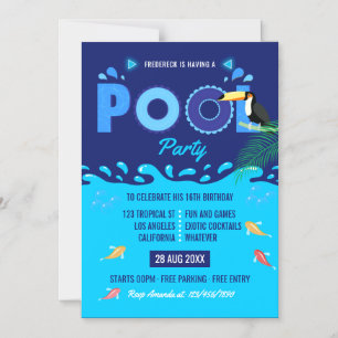 Convite Magnético Festa de Aniversário de Piscina de Verão Azul Real