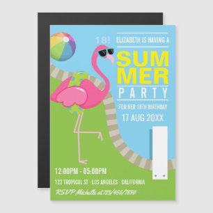 Convite Magnético Festa de Aniversário na Piscina com Flamingo Rosa