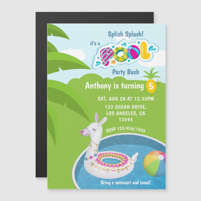 Convite Magnético Festa de Aniversário na Piscina com Llama Flutuant (Frente/Verso)