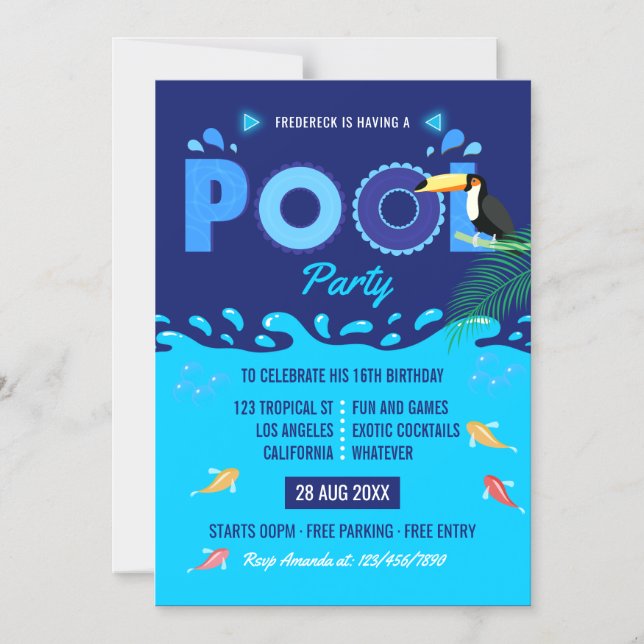 Convite Magnético Festa de Aniversário na Piscina de Verão Azul Real (Frente)