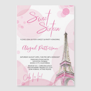 Convite Magnético Festa de Aniversário Tema Paris Rosa Branco Sweet