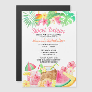 Convite Magnético Festa de Aniversário Tropical Sweet 16 Tema Havaia