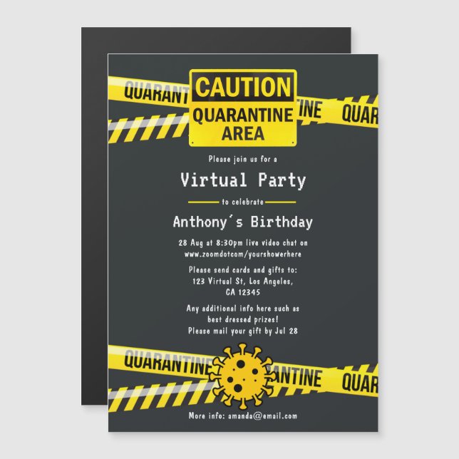 Convite Magnético Festa de Aniversário Virtual em Quarentena (Frente/Verso)