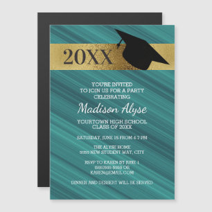 Convite Magnético Festa de Graduação Preto Dourado Turquesa