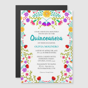 Convite Magnético Festa Mexicana Floral Aniversário de 15 anos Quinc