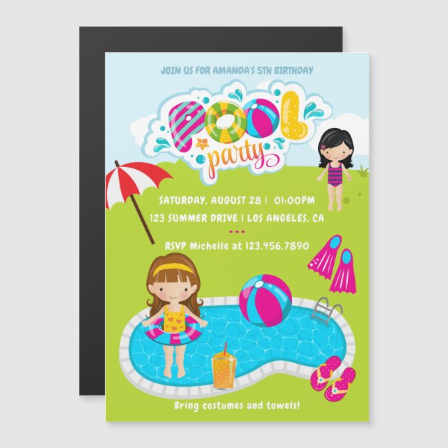 Convite Magnético Festa na Piscina para Crianças (Frente/Verso)