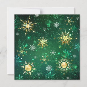 Convite Magnético Flocos de Neve Dourados de Natal em Fundo Verde