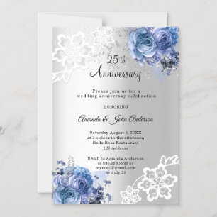 Convite Magnético Florais azuis prateados 25º aniversário de casamen