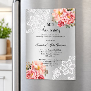 Convite Magnético Florais rosa prata 60º aniversário de casamento
