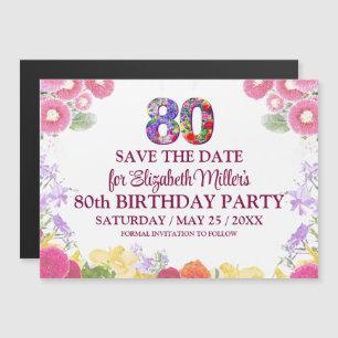 Convite Magnético Floral 80º Aniversário Save the Date Elegante