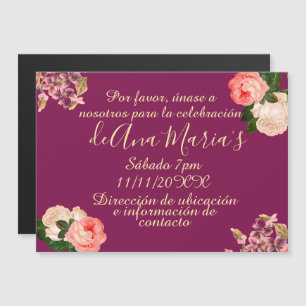 Convite Magnético Floral de Borgoña Quinceanera Celebración