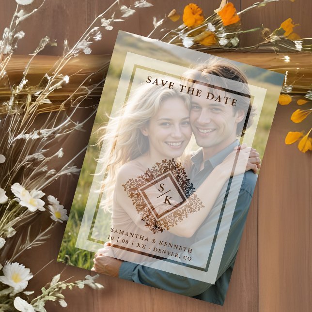 Convite Magnético Floral Ornate Frame Diamond Shape Wedding Initials (Floral Ornate Frame in Diamond Shape with Initials Photo Wedding Magnetic Save the Date Card.)