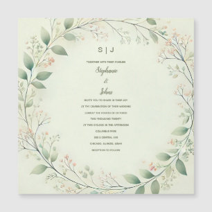 Convite Magnético Floral Wreath Crest Monograma Sage Casamento Verde