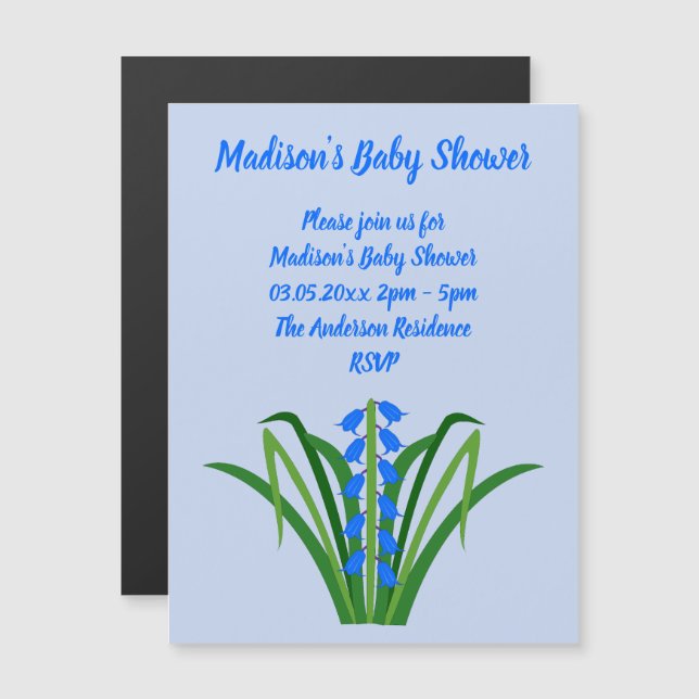 Convite Magnético Flores Bluebell Bebê Menino Primavera Chá de Bebê (Frente/Verso)
