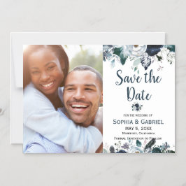 Convite Magnético Flores brancas azuis Marinho chic Casamento Salvar