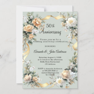 Convite Magnético flores de aniversário de casamento de 50 anos dour