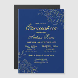 Convite Magnético Flores de Ouro Elegantes Quinceanera Floral Azul R