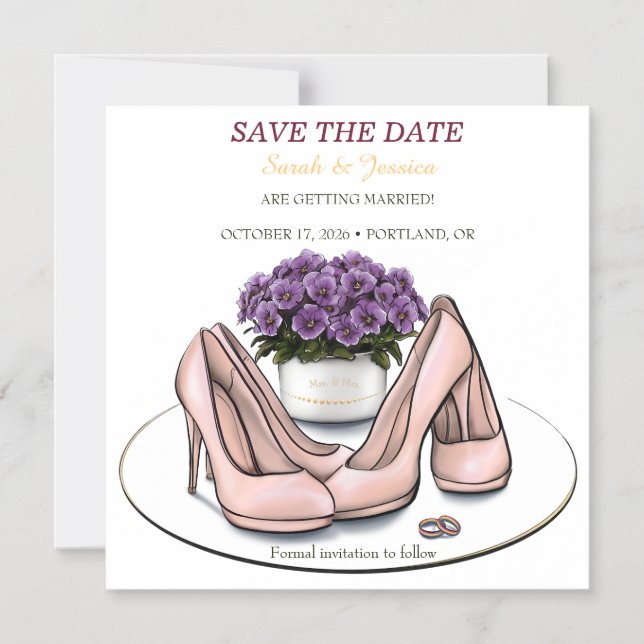 Convite Magnético Flores Violetas Elegantes Casamento Lésbico Save t (Frente)