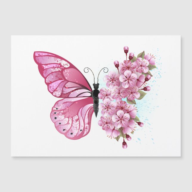 Convite Magnético Flower Butterfly with Pink Sakura (Frente)