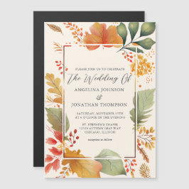 Convite Magnético Folhas Elegantes de Outono Aquarela Creme Casament