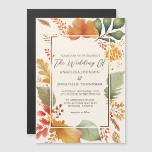Convite Magnético Folhas Elegantes de Outono Aquarela Creme Casament