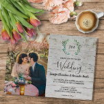 Convite Magnético Folhas russas sobre o monograma de madeira Casamen<br><div class="desc">Um convite magnético de casamento botânico com cor d'água, com sua própria foto. Para primavera, verão, outono ou casamento no inverno. Design de aquarela verde do ramo de oliveira sobre fundo de madeira de celeiro. Você pode facilmente adicionar sua própria foto para torná-la muito pessoal e exclusiva e adicionar seu...</div>